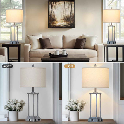 Cinkeda 27" Tall Vintage Table Lamp Set of 2 with USB C+A & Outlet,Gray Nightsta