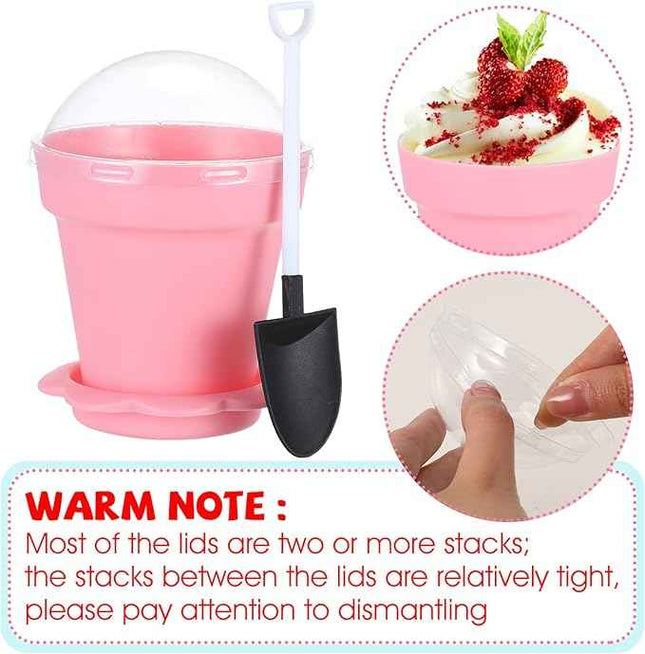 50 Pack Flowerpot Dessert Cup Plastic Cake Cups with Lid Shovel Spoon Bottom Tra
