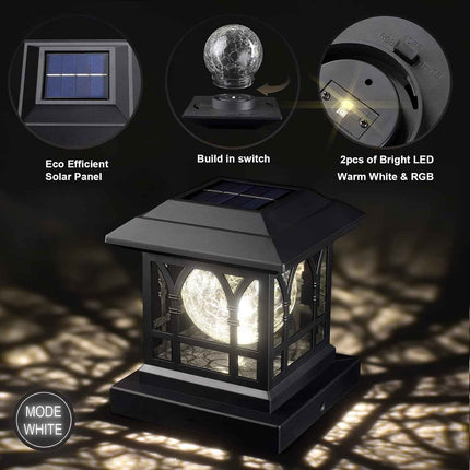 AEFRELEOHT Solar Post Cap Lights, Warm White & RGB Automatic Cycling, Cracked Gl