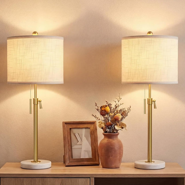 Table Lamp Set of 2, 22-30 inch Height Adjustable Modern Nightstand Lamps with Marble Base & Beige Linen Shades