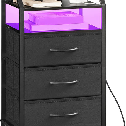 HOOBRO Nightstand with Charging Station, Bedside Table with AC Outlet, USB & Type-C, LED Light Strip, Fabric Drawer
