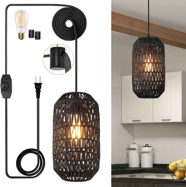 Ruzectt Plug in Pendant Light Rattan Hanging Light with Plug in Cord with Dimmab
