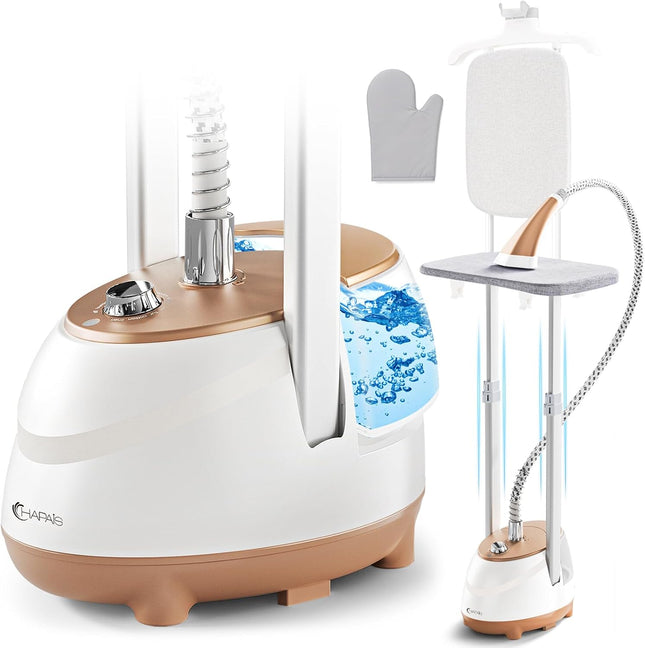 HAPAIS 1800W Standing Garment Steamer with Adjustable Double Pole, 2L Tank, 10 Fabric Settings, White Gold