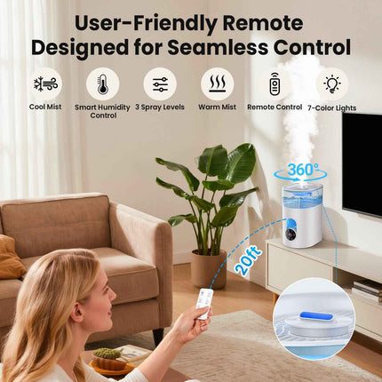 Humidifiers for Bedroom Large Room Home - GloryAir 6L Quiet Top Fill Cool & Warm