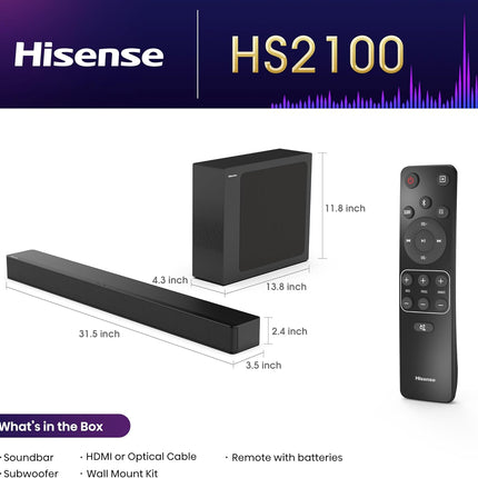 INCOMPLETE Hisense HS2100 2.1 Channel 240W Soundbar with Wireless Subwoofer, Dolby Audio (No Remote, No Cables)