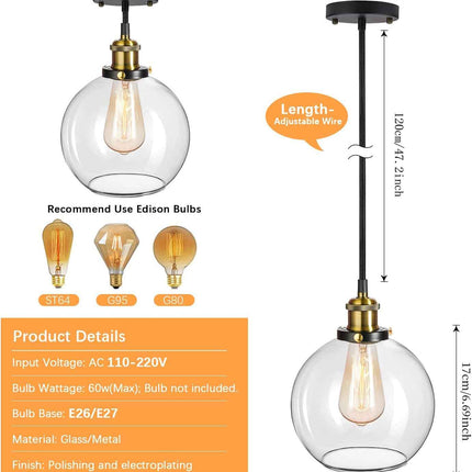 Frideko 2pc Glass Pendant Light - 7.9 inches Globe Pendant Light, Vintage Pendan