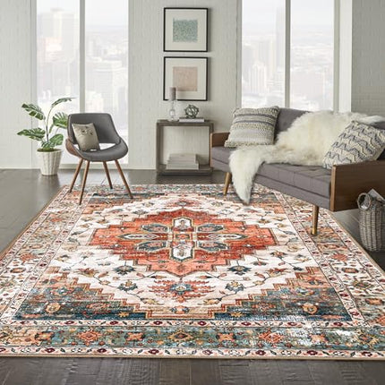 Aopota Washable Area Rug - 8x10, Low Pile, Distressed Boho, Non-Slip, Ultra-Thin