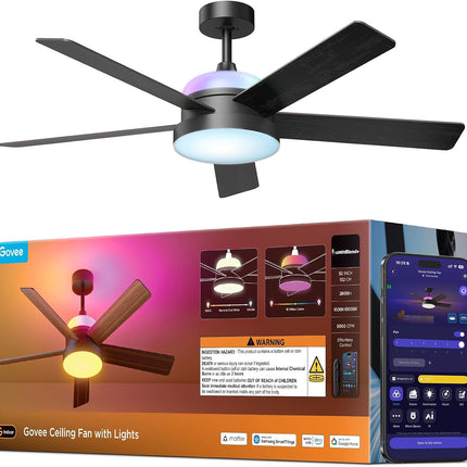 Govee RGBIC Smart Ceiling Fan with Lights and Remote, 52 inch Flush Mount, Reversible DC Motor, 5000 CFM, Alexa & Google