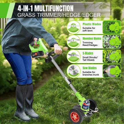 MUKHSIN Battery Powered Weed Wacker with Wheels, 650W Cordless Grass Trimmer, Telescopic Pole, 3-in-1 Blades (No Gloves)
