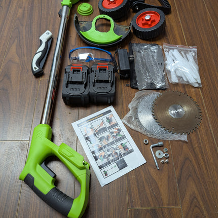 MUKHSIN Battery Powered Weed Wacker with Wheels, 650W Cordless Grass Trimmer, Telescopic Pole, 3-in-1 Blades (No Gloves)
