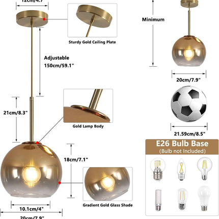 KCO Lighting Modern Gold Glass Pendant Lights Hanging Light Fixture Globe Shade