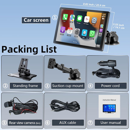 9'' Carplay Screen for Car, Wireless Carplay & Android Auto, Portable Carplay Sc