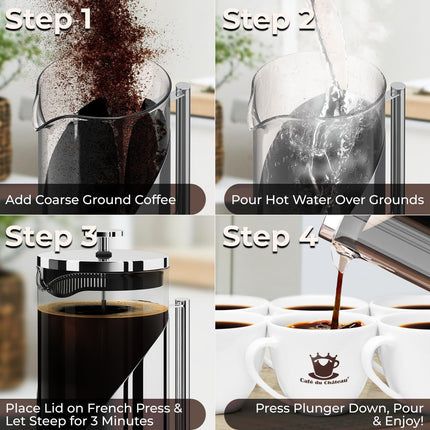 French Press Coffee Maker 34oz – Stainless Steel & Glass Coffee Press with 4-Lev