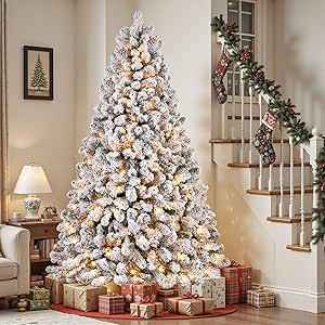SHareconn 7ft Prelit Snow Flocked Artificial Holiday Christmas Tree with 350 Incandescent Warm White Lights, Foldable Stand, Snow Flocked Full Prelighted Xmas Tree W/1170 Branch Tips, 7.5 FT, White https://a.co/d/0bJx0XVN
