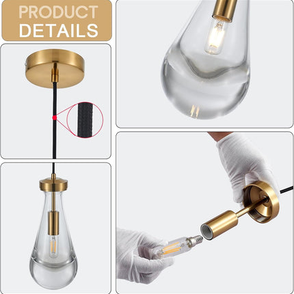 TACDANDM 4.92'' Gold Clear 1-Light Teardrop Glass Pendant Light Adjustable Moder