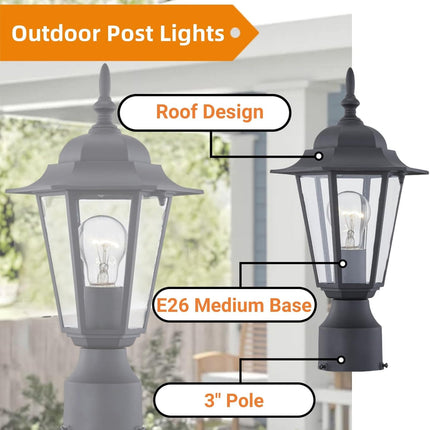 WISBEAM Outdoor Post Light, E26 Pole Lantern with Aluminum Housing & Glass, 60W Max, Wet Rated, Black Rustic