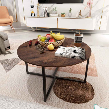 Round Living Room Coffee Table with X Base Metal Frame, Accent Furniture for Home Office, Black+Brown