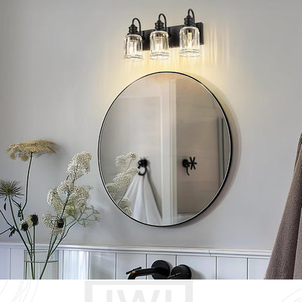 HWH 3-Light Matte Black Bathroom Vanity Light, 18 in Wall Fixture with Fluted Clear Glass Shades, ETL Listed