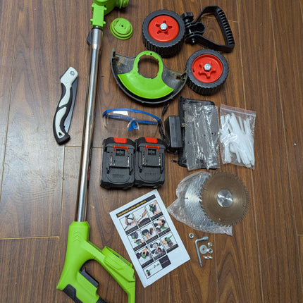 MUKHSIN Battery Powered Weed Wacker with Wheels, 650W Cordless Grass Trimmer, Telescopic Pole, 3-in-1 Blades (No Gloves)
