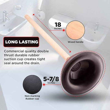 Heavy Duty Toilet Plunger Strong Suction Force Cup Rubber with 18 in. Wooden Han