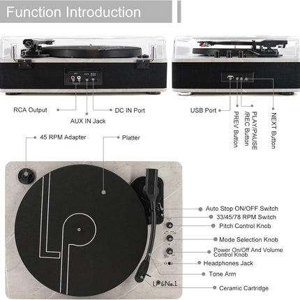 LP&NO.1 Record Player Wireless Turntable with Built-in Speakers and USB Play&Rec