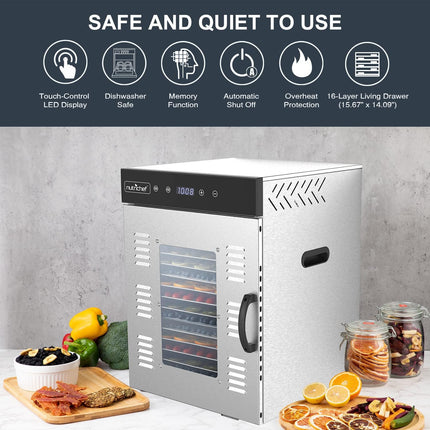 NutriChef Extra Large Food Dehydrator, 16 Stainless Steel Shelves, 1500W Electric Food Dryer for Jerky & Fruit