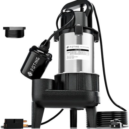 FOTING 1HP Submersible Sump Pump, Sewage/Effluent Pump 5600 GPH with 40 ft Lift, Cast Iron Heavy Duty with Float Switch
