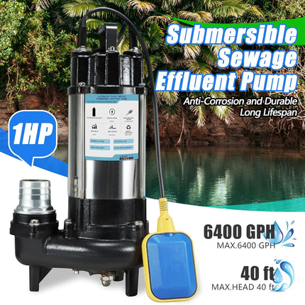 1HP Sewage Grinder Pump Submersible Effluent Pump, Sump Pump 110V 6400GPH with A