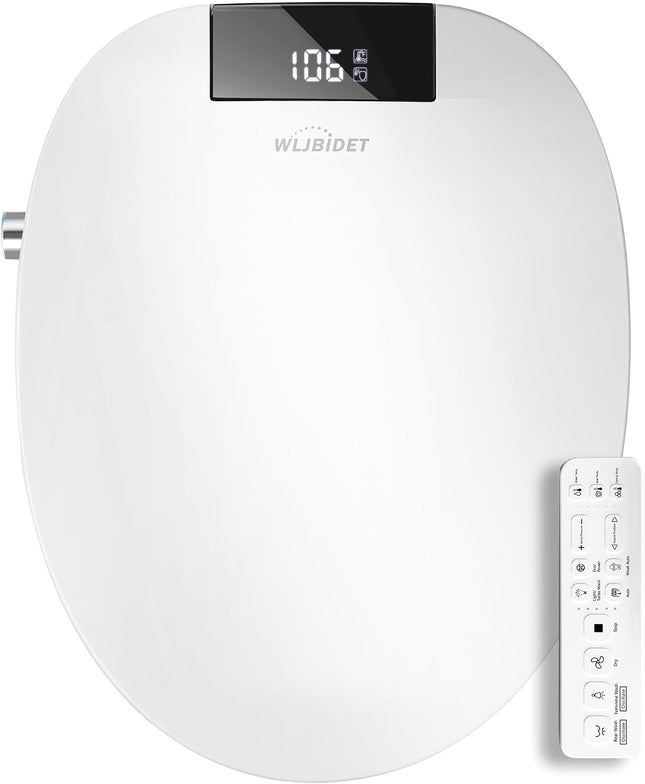 WLJBIDET O80KR Round Bidet Toilet Seat with Warm Water Wash & Air Drying, Heated Seat, Remote & Nightlight
