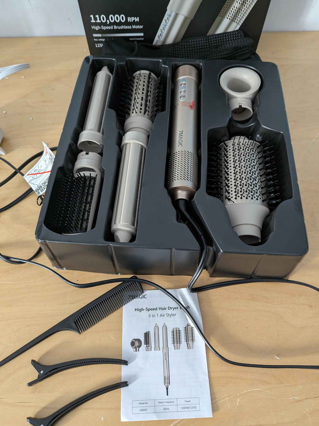 7MAGIC Hair Dryer Brush & 6 in 1 Hair Styler, Silver, 110 Volts, 1200 Watts, Ion
