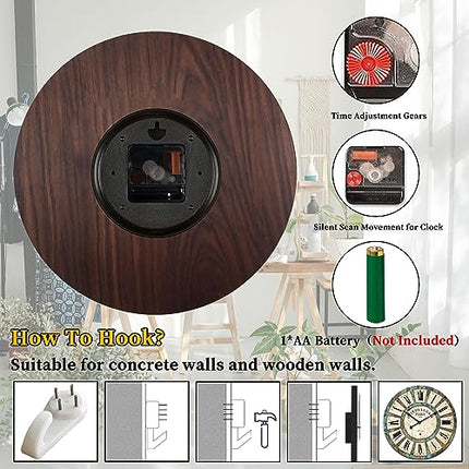 24 Inch Vintage Wall Clock, Roman Numerals Style, Battery Operated, Non-Ticking,