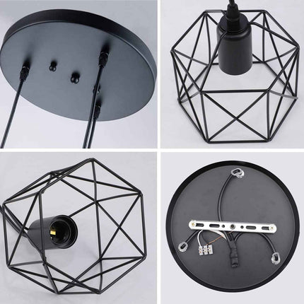 CADELON Black Pendant Light, Industrial 3 Light Pendant Lighting, Cage Metal Far