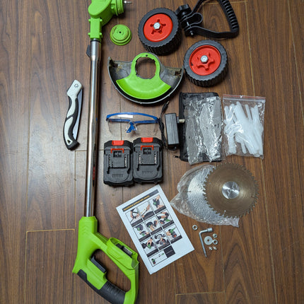 MUKHSIN Battery Powered Weed Wacker with Wheels, 650W Cordless Grass Trimmer, Telescopic Pole, 3-in-1 Blades (No Gloves)