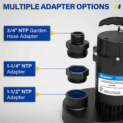 Acquaer 1/3HP Sump Pump, 3040GPH Submersible Clean/Dirty Water Pump with Automat