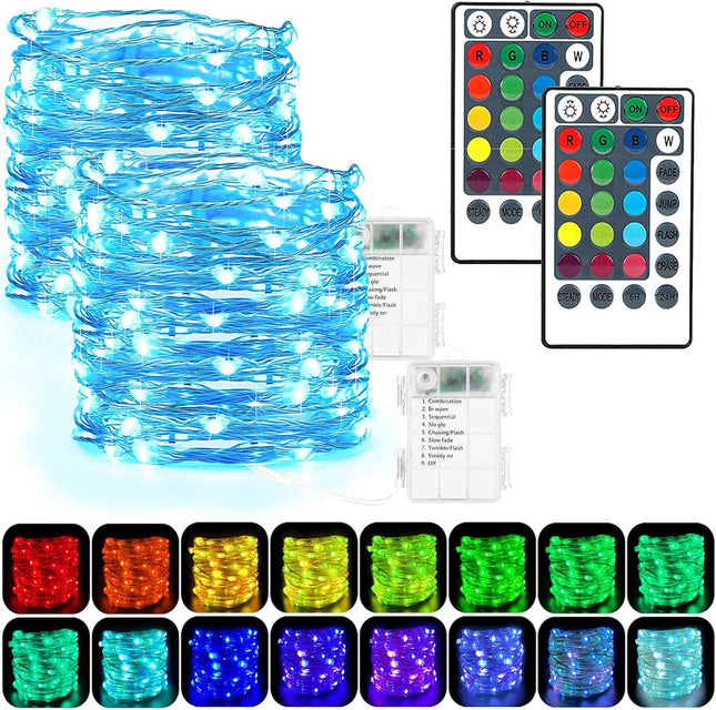 Fairy Lights Battery Powered, 2 Pack 50 LEDs 16 Colors Changing Sliver Wire Stri