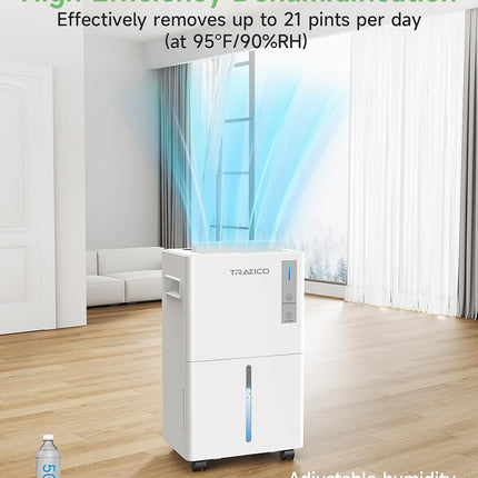 Trazico 21 Pint Dehumidifier for Basement & Home up to 1500 Sq Ft, 3 Smart Modes, 24H Timer, Continuous Drain, Quiet