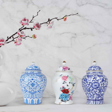 Chinoiserie Ginger Jar,7.6 Inch Ceramic Bule and White Ginger Jar w/Lid,Porcelai