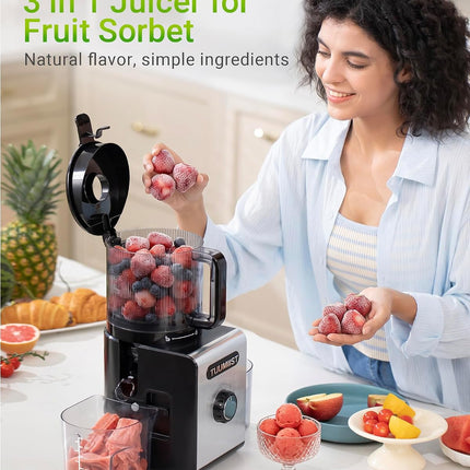 TUUMIIST Cold Press Juicer Machine, 350W Slow Masticating Juicer with 6.5 in Wide Feed Chute & 100 oz Hopper