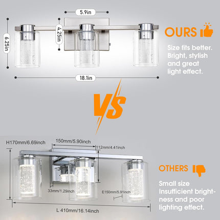 Eatich 3-Light Brushed Nickel Vanity Light, 3000K/4000K/6000K Crystal Bathroom L