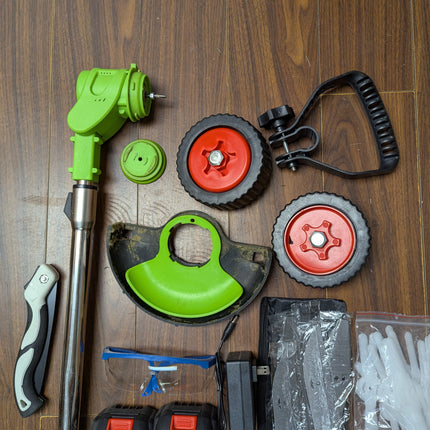 MUKHSIN Battery Powered Weed Wacker with Wheels, 650W Cordless Grass Trimmer, Telescopic Pole, 3-in-1 Blades (No Gloves)