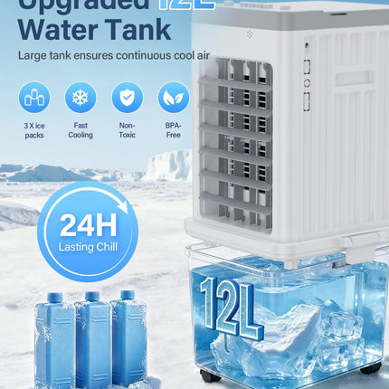 Mobile Evaporative Cooling Unit with 12L Water Tank, Quiet 35dB Air Cooler, 120°