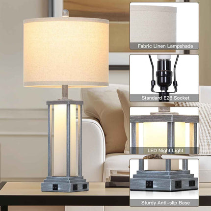 Cinkeda 27" Tall Vintage Table Lamp Set of 2 with USB C+A & Outlet,Gray Nightsta