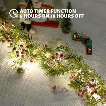 Christmas Garland with Light,Lighted Snowy Red Berries Holly Leaves Garland for