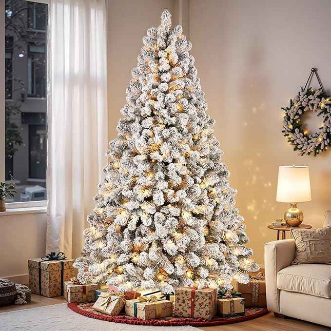 SHareconn 7ft Prelit Snow Flocked Artificial Holiday Christmas Tree with 350 Incandescent Warm White Lights, Foldable Stand, Snow Flocked Full Prelighted Xmas Tree W/1170 Branch Tips, 7.5 FT, White https://a.co/d/0bJx0XVN
