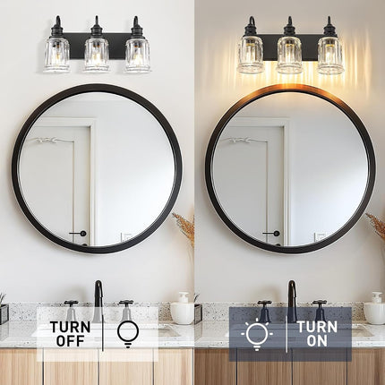 HWH 3-Light Matte Black Bathroom Vanity Light, 18 in Wall Fixture with Fluted Clear Glass Shades, ETL Listed