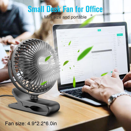 BESKAR USB Powered Clip on Fan, Portable Small Fan with Cord, 3 Speeds