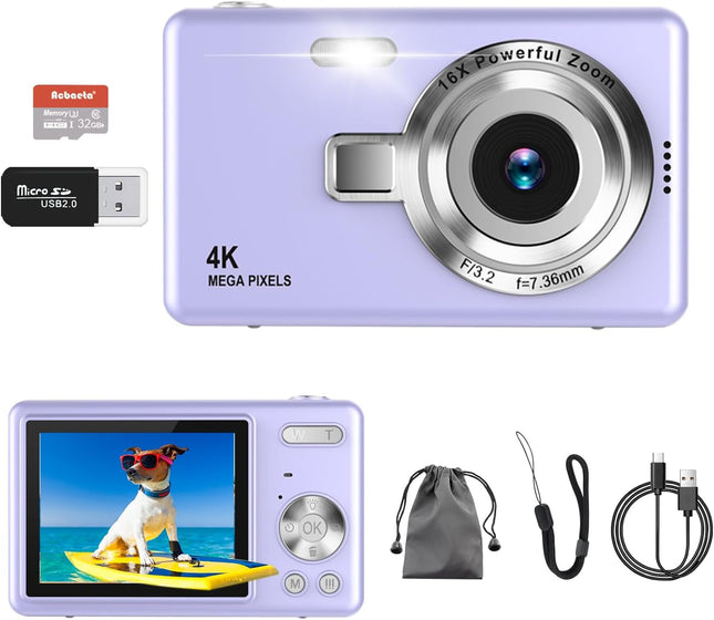 4K Digital Camera, Acbaeta Autofocus 50MP Vlogging Camera with 32G SD Card, 16X