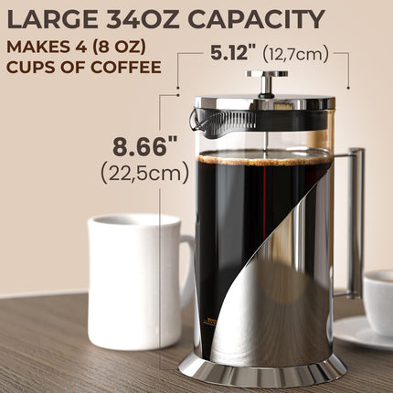 French Press Coffee Maker 34oz – Stainless Steel & Glass Coffee Press with 4-Lev