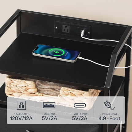 HOOBRO Nightstand with Charging Station, Bedside Table with AC Outlet, USB & Type-C, LED Light Strip, Fabric Drawer