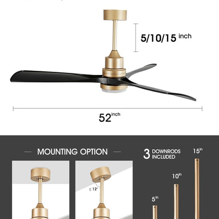 Forrovenco 52 Inch Ceiling Fan with Lights and Remote, White & Gold